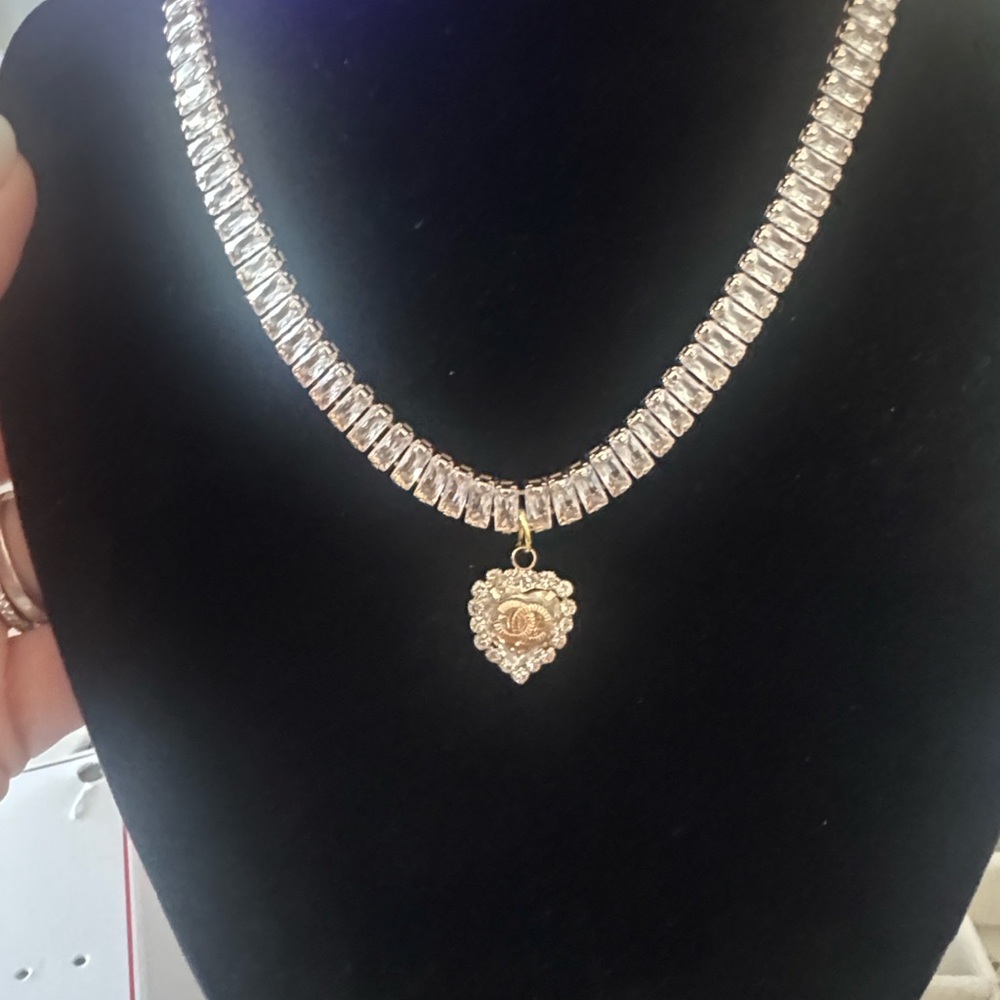Gold-Tone Heart Pendant Tennis Necklace - Women Jewelry - Picture 6 of 9
